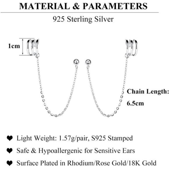 925 Sterling Silver Cuff Earrings Chain for Women Crawler Earrings Studs - Picture 5 of 7